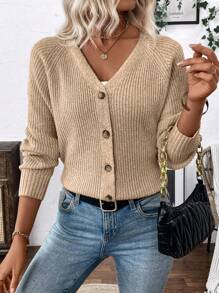 EMERY ROSE Versatile V-Neck Cardigan Sweater, Open Knit Outwear Loose Casual Minimalist Design, For Women Knitted Sweater Fall Winter Cloth For Women - Camel - View 4