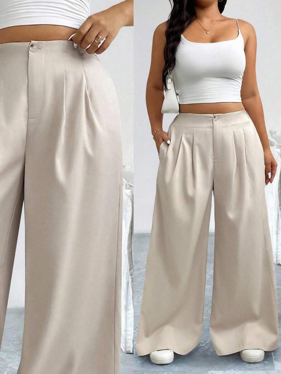 Calvaya Korean Style Wide Leg Straight Loose Pants, Plus Size - Apricot - View 1