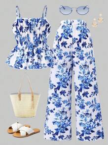 Sparklyn 女童花卉印花吊带背心和阔腿裤套装，夏季度假休闲装 - 藍色 - 查看 2
