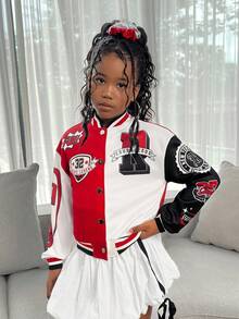 SHEIN 青少年女孩紅黑配色校隊夾克，秋季返校休閒校園棒球夾克，印有Logo標語短版棒球服 - 紅色 - 查看 4