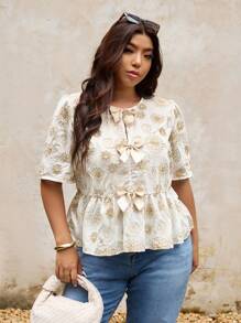 Elaquor Plus Size Embroidery Fabric Blouse, Women's Casual Crew Neck Short Sleeve Button Design Short Sleeve Shirt, Versatile For Commuting, Outing, Dating, New Style 2025