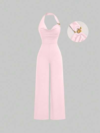 Sweetra Women's Fashionable Halter Neck Metal Decor Slim Fit Jumpsuit, Casual For Daily, Commuting, Summer Season