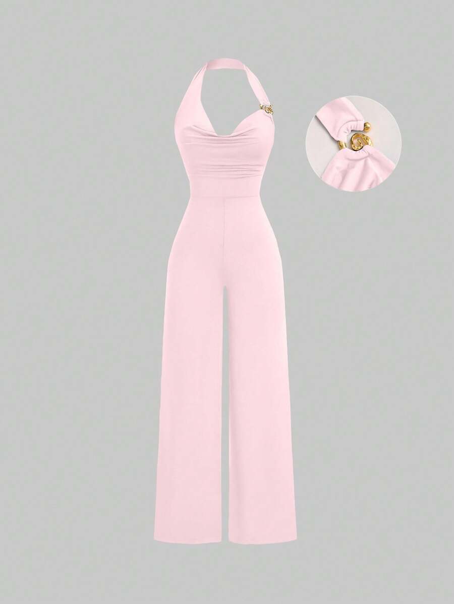 Sweetra Women's Fashionable Halter Neck Metal Decor Slim Fit Jumpsuit, Casual For Daily, Commuting, Summer Season - Pink - View 1