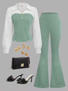 2pcs/Set Elegant Casual Striped Woven Patchwork Blouse Top And Black Slim Flare Pants Outfit, Suitable For Spring/Autumn, Teenage Girls - Mint Green - View 7