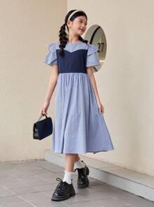 SHEIN 休閒色塊圓領A字裙，適合青少年女孩，腰部設有修身設計，下擺鬆垂 - 藍色 - 查看 6