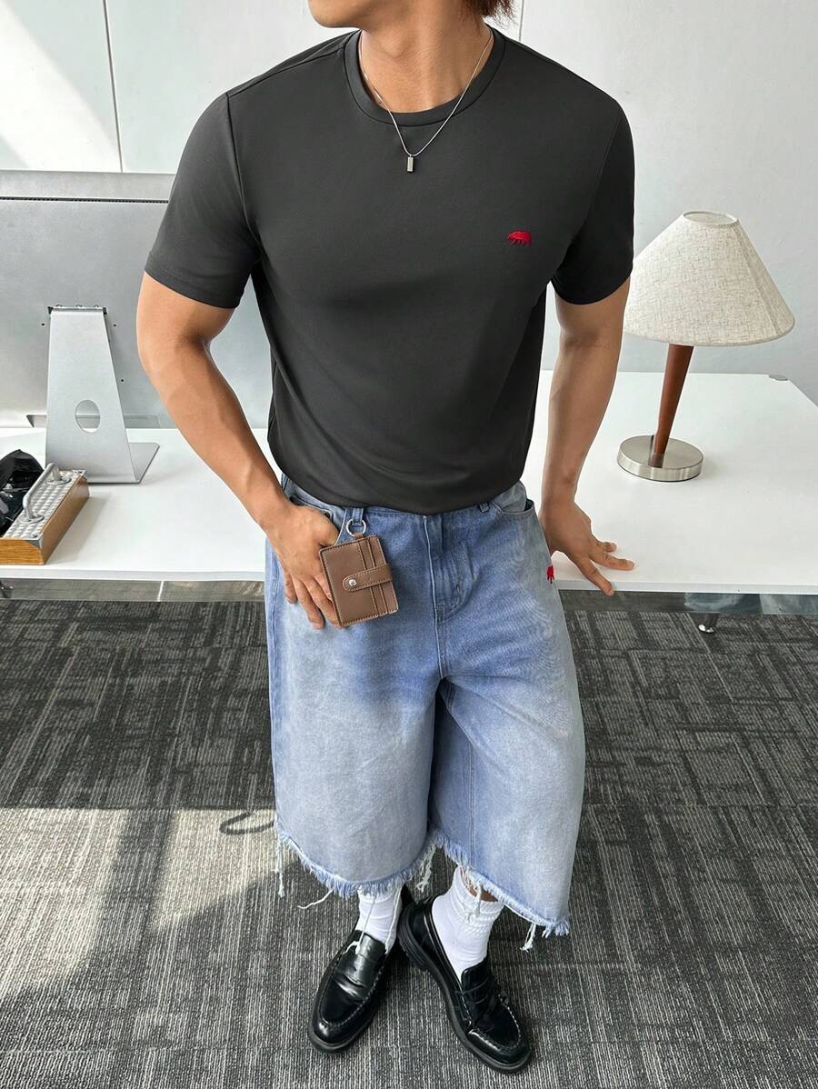 ESTAVOR Men's Street Fashion V-Neck Knit Short Sleeve T-Shirt, Suitable For Summer - Black - View 1