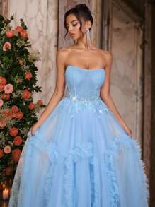Glamrae Fustă maxi elegantă de lux, cu perle, paiete, dantelă florală, etichete, tifon, cu volane, sexy, bustieră, peplum, potrivită pentru nuntă, petrecere a burlacilor, vacanță, gală, rochie de seară formală (cu ornamente intense). - Gri Albastru - Vizualizare 2