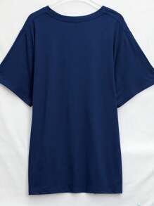 EMERY ROSE Áo phông nữ tay ngắn màu xanh nhạt in hình trái tim "One Day At A Time" - Polyester mềm, cổ tròn, có thể giặt bằng máy, thời trang xuân/hè thiết yếu, áo phông hàng ngày | Áo cổ tròn | Vải Polyester - Màu xanh hải quân - Xem 2