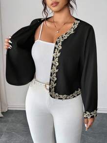 Elenzga Women Plus Size Black Jacket Blazer,Gold Lace Trim,Elegant Formal Evening,Autumn Long Sleeve Round Neck,Work Business Casual Party Fashion Events - Black - View 7