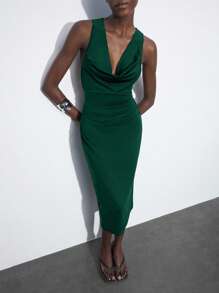 Maija 女士纯色垂坠领修身连衣裙，都市时尚简约商务休闲连衣裙，派对鸡尾酒生日礼服，优雅婚礼宾客装