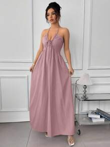 Rafferiza Solid Color Halter Backless A-Line Dress - Pink - View 5