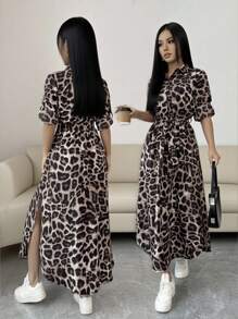 Rafferiza Women's Leopard Floral Print Tie-Up Front Slit Long Sleeve Convertible Shirt Dress Fall Cloth For Women - Black - View 4