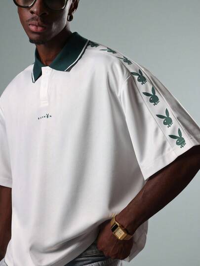 PLAYBOY X SUMWON Classic Short Sleeve Polo With Bunny Logo Stripe Design Streetwear Casual Summer Spring Retro Sport Collar Preppy Luxury Tennis Club Style