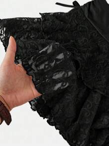 SHEIN Girlism 青少年女孩街头休闲黑色纯色抽绳腰部褶边针织中长裙 - 黑色 - 查看 5