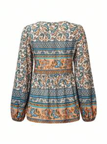 Breezaya Damen Bluse mit Quaste und Bindeband, Laternärmel und Peplum-Ausschnitt