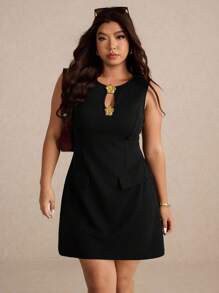 Elaquor 大码女式镂空金属纽扣玫瑰金扣设计无袖紧身中长连衣裙，通勤休闲装，黑色无袖大码连衣裙