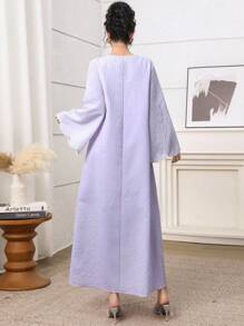 Yasmyna 圆领珍珠喇叭袖荷叶边珍珠夏季优雅浪漫飘逸连衣裙 - 紫色 - 查看 8