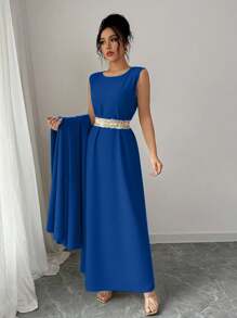 Chiquease 2pcs/Set Women Elegant Ribbon Decor Long Robe & Dress Clothes For University - Navy Blue - View 3