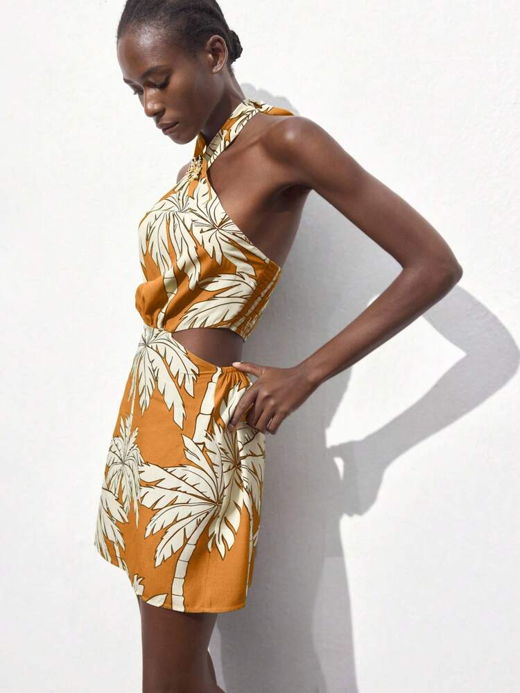 SHEIN Maija 2025年秋冬新作 女性カジュアル ミニマリスト トロピカル雨林 ヤシの木プリント クロスネック ストラップ メタルディテール ウエストカットアウト ドレス、エレガントでロマンチック、アーバン、職場、通勤、ビジネス、結婚式の来賓、パーティー、コンサート、ブランチ、空港、デイリーファッション、ハロウィン、クリスマスに適しています