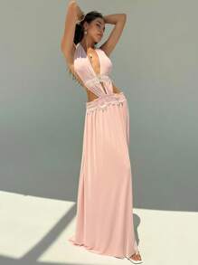 Aloruh Váy hở lưng khoét sâu ren màu trơn cho nữ - Hồng - Xem 2