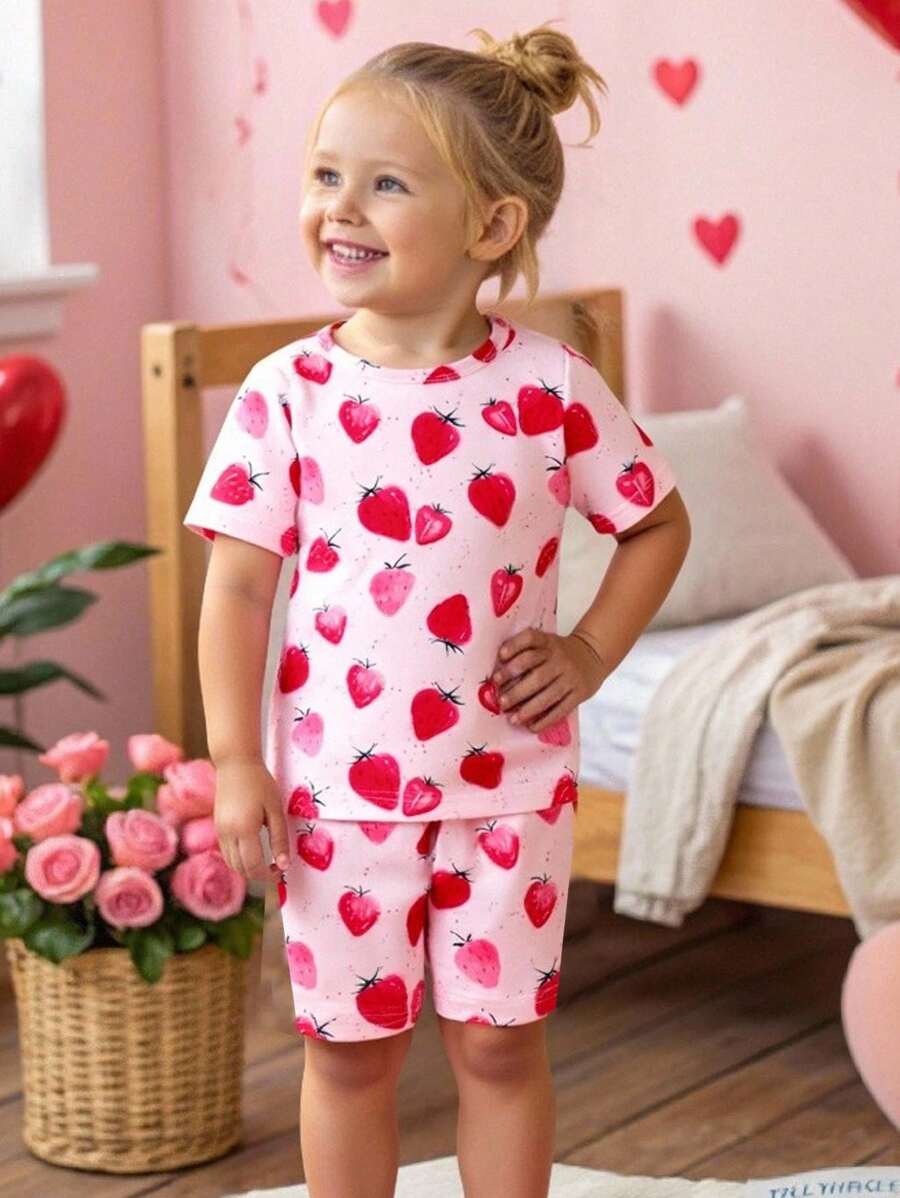 2pcs Young Girl' Cute Strawberry Print Short Sleeve Top And Shorts Tight Pajama Set - Baby Pink - View 1