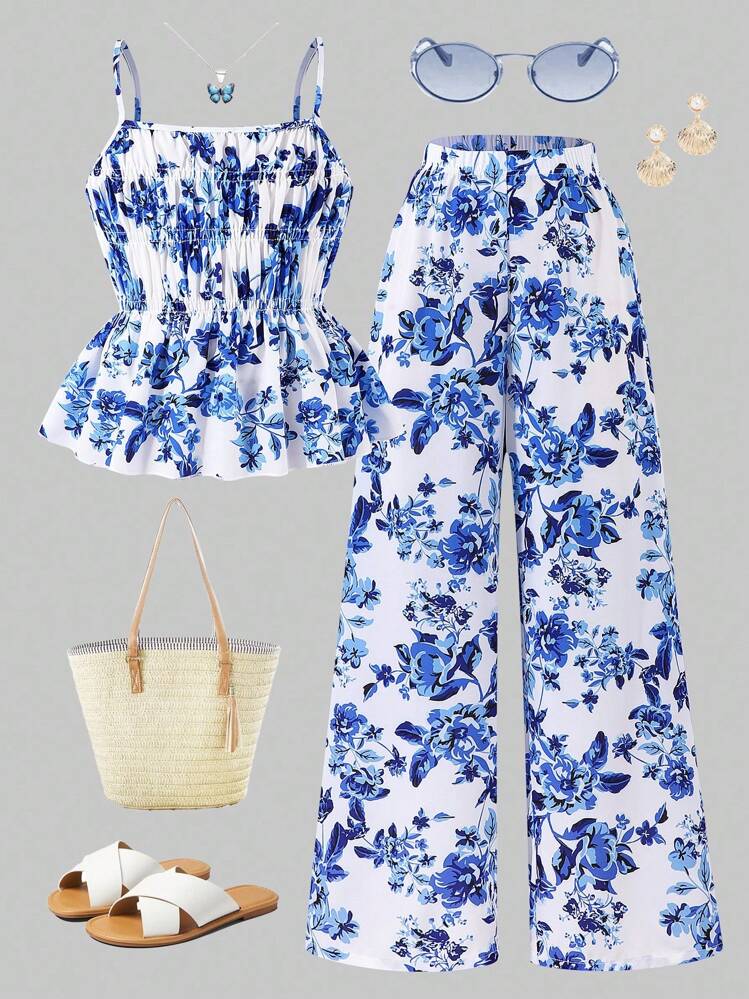 Sparklyn Conjunto de top de tirantes con estampado floral y pantalones de pierna ancha para niñas preadolescentes, conjunto informal de verano para vacaciones - Azul - Añade 1