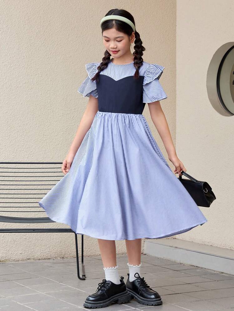 Tween Girl Casual Color Block Round Neck A-Line Dress With Fitted Waist And Flared Hem