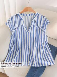 CosyJoli Áo sơ mi không tay in sọc thường ngày mùa hè cỡ lớn dành cho nữ - Xanh và trắng - Xem 1