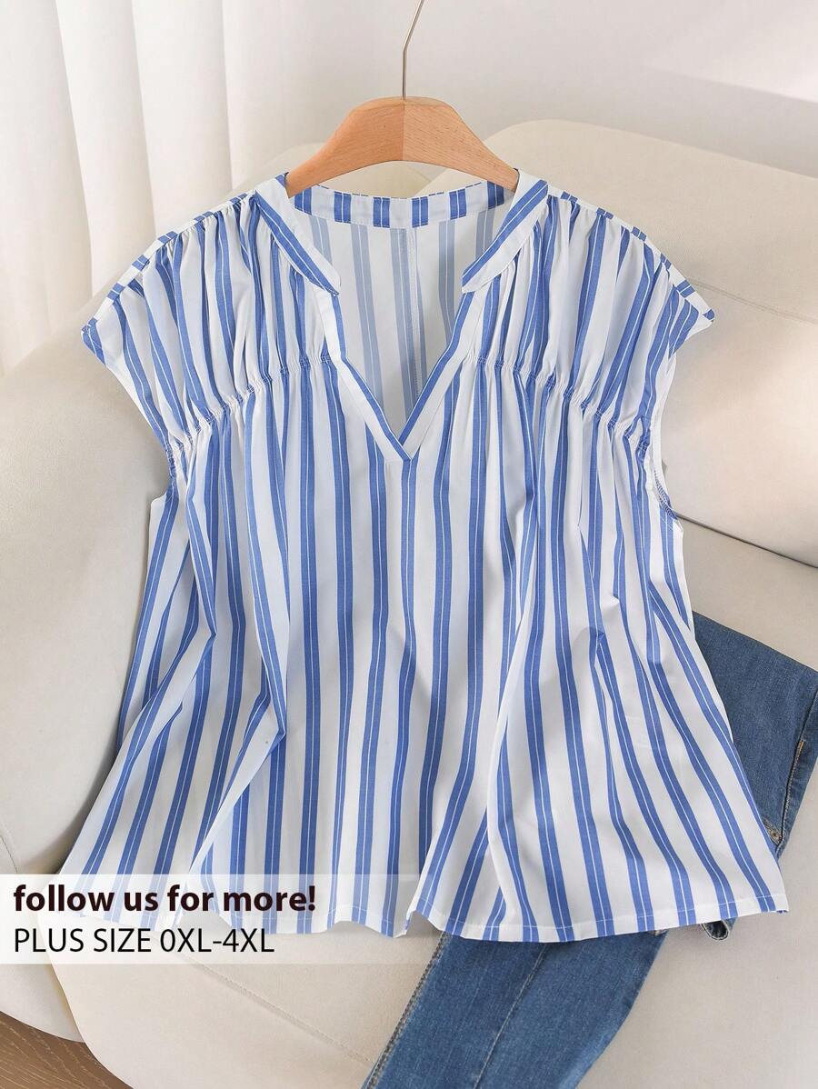 CosyJoli Áo sơ mi không tay in sọc thường ngày mùa hè cỡ lớn dành cho nữ - Xanh và trắng - Xem 1