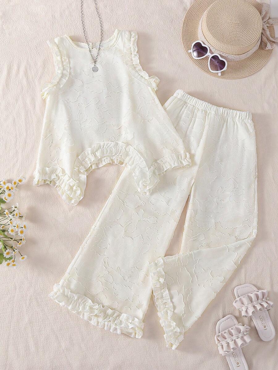 年轻女孩夏季优雅纯色荷叶边吊带背心和裤子套装