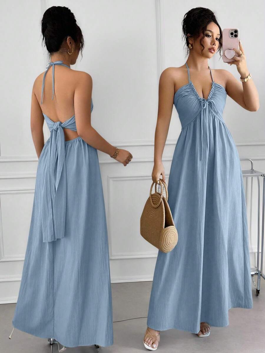 Rafferiza Halter Tie Back Hollow-Out A-Line Dress - Blue - View 1