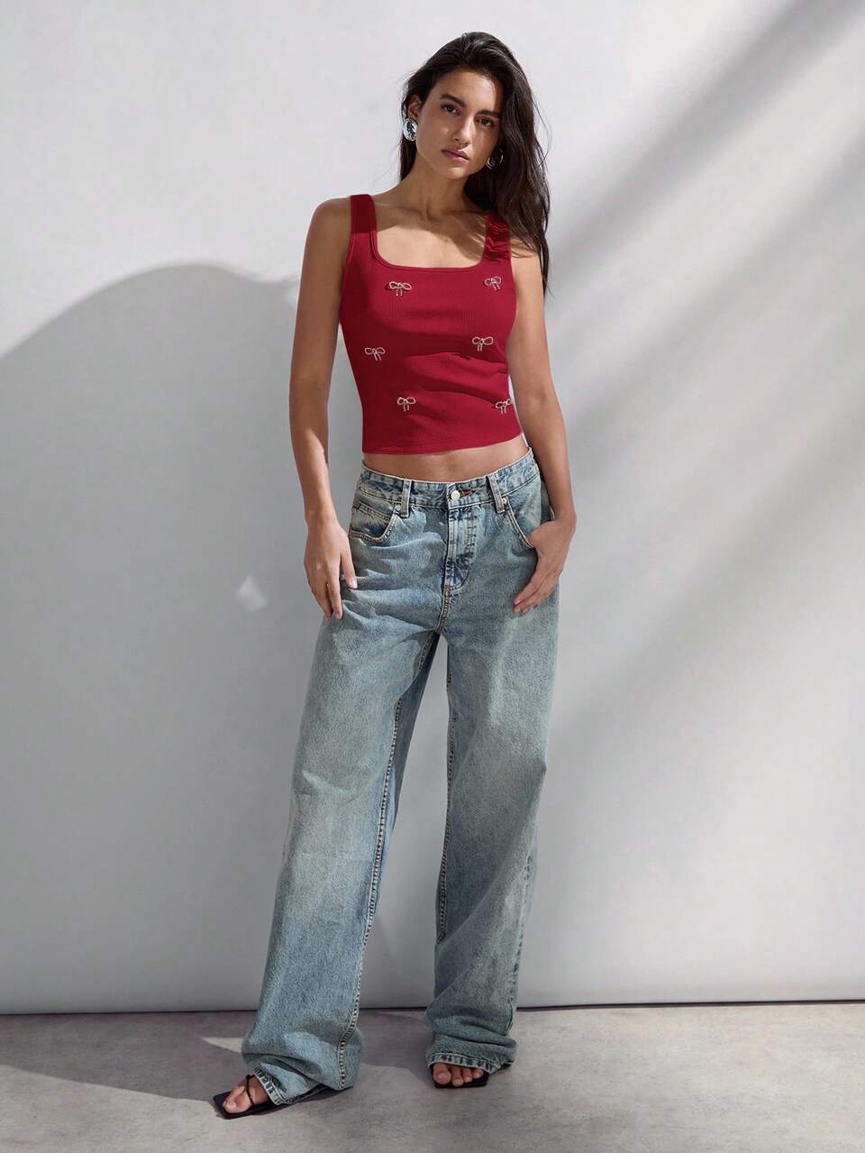 SHEIN Maija Women's Square Neck Fitted Red Top,Red And White,Summer,Cute,Dates,Urban Business Casual Chic,Music Festivals,Halloween,Christmas,Parties,Vacation