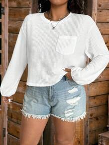 SHEIN EZwear Camiseta de manga larga de talla grande, casual y sencilla, de tejido tipo waffle a cuadros, para otoño/invierno - Beis - Ver 5