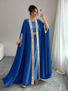 Chiquease 2pcs/Set Women Elegant Ribbon Decor Long Robe & Dress Clothes For University - Navy Blue - View 5