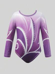 SHEIN Young Girls Activewear Purple Ombre Shiny Leotard, Long Sleeve Bodysuit, Suitable For All Seasons, Training & Competition Fall Winter