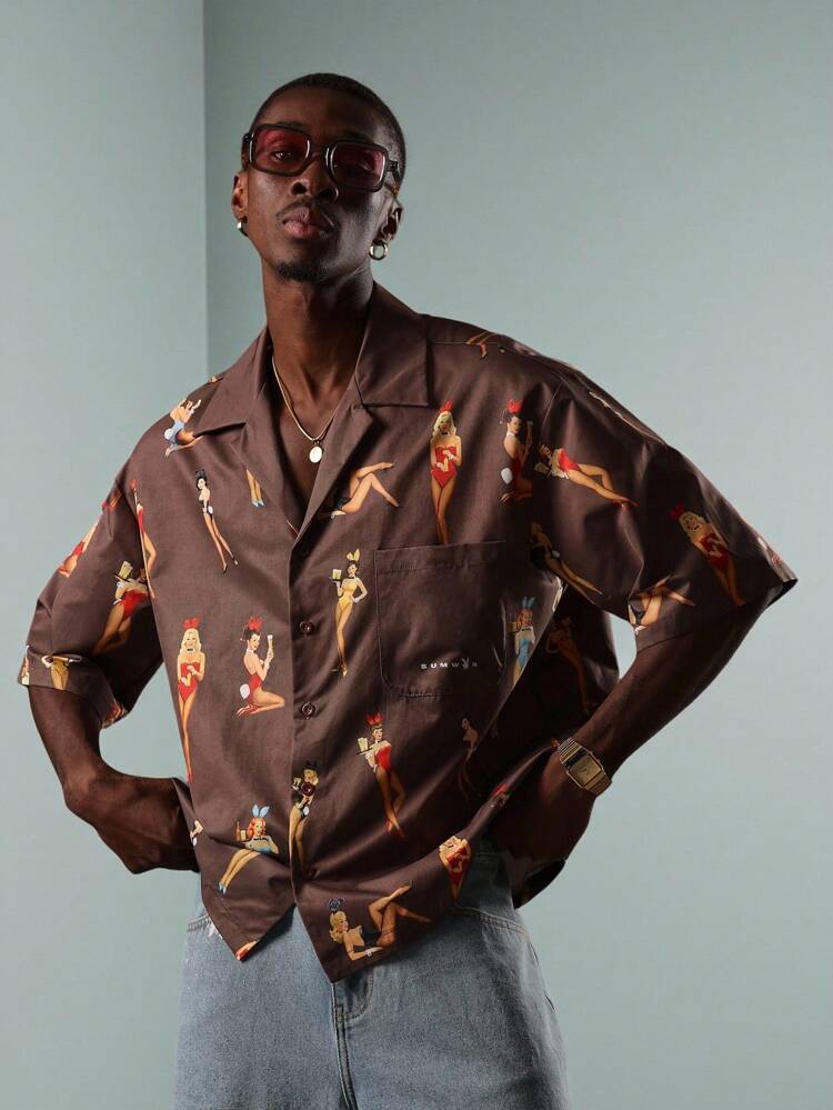 PLAYBOY X SUMWON Pin Up Bunny Print Short Sleeve Hawaiian Button Down Shirt