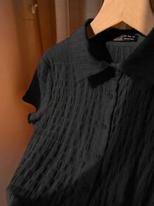 Comfortcana Plus Size Women's Black Textured Casual Fashionable Versatile Short Sleeve Shirt,Back To School - Black - View 6