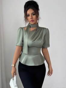 Selianne Women's Sage Green Elegant Summer Satin Blouse,Brunch Afternoon Tea Party Office Shoulder Cutout Gathered Waist A-Line Ruffle Puff Sleeve Shirt Top - Green - View 7