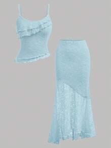 SHEIN Tween 女童休闲简约舒适不对称下摆背心和鱼尾下摆短裙两件套