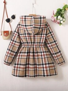 Sparklyn 青少年女孩休闲百搭百搭校园格子束腰连帽长款风衣夹克，秋冬秋季 - 彩色 - 查看 2