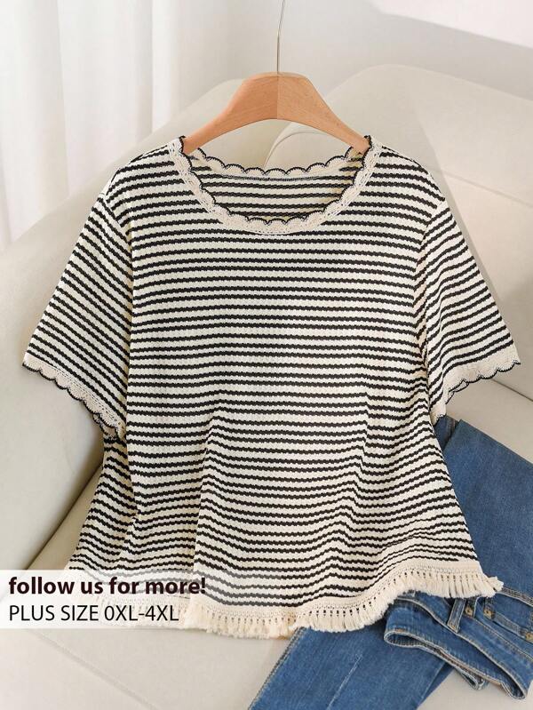 CosyJoli Plus Size Women's Casual Striped Loose Fit Round Neck T-Shirt, Versatile For Summer