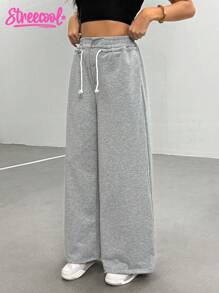 1pc Teen Girl Loose Wide Leg Sweatpants With Buttons Fall Winter - Grey - View 7