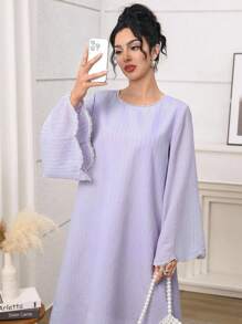 Yasmyna 圆领珍珠喇叭袖荷叶边珍珠夏季优雅浪漫飘逸连衣裙 - 紫色 - 查看 2