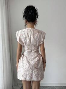 Elenzga 女士优雅提花腰系带盖袖夏季连衣裙 - 粉色 - 查看 2