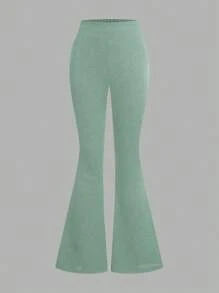 2pcs/Set Elegant Casual Striped Woven Patchwork Blouse Top And Black Slim Flare Pants Outfit, Suitable For Spring/Autumn, Teenage Girls - Mint Green - View 3