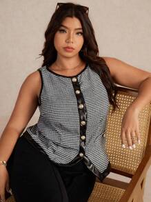 Elaquor 大码女式优雅简约都市商务休闲无袖夹克，适合春秋季 - 黑與白 - 查看 2