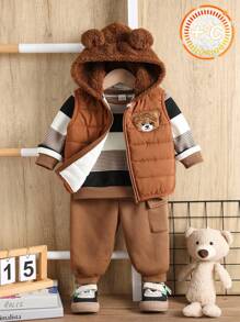 SHEIN 3pcs/Set Baby Boy/Girl Casual Cute Khaki Fleece Jacket Vest Outerwear, Khaki & Brown Striped Sweatshirt And Pants Set, Unisex Baby Clothes, Baby Winter Clothes, Halloween Costume Fall