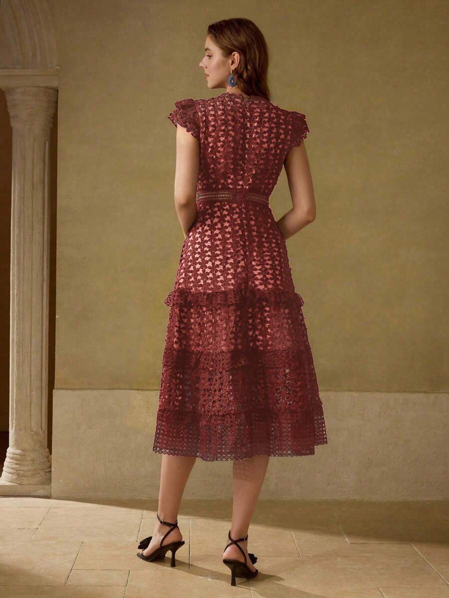 MOTF PREMIUM VESTIDO CON VOLANTES DE ENCAJE DE CONTRASTE - Burdeos - Ver 2