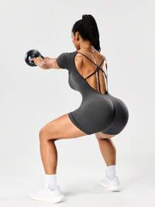 Seamluxe SHEIN Sport Plain Backless Fitted Jumpsuit Shorts, Fitness Romper, Open Back Gym Top
