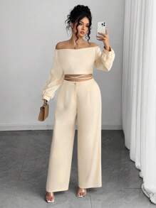 Elenzga 大码女式露肩抹胸蝴蝶结肩带长袖上衣和直腿宽裤两件套